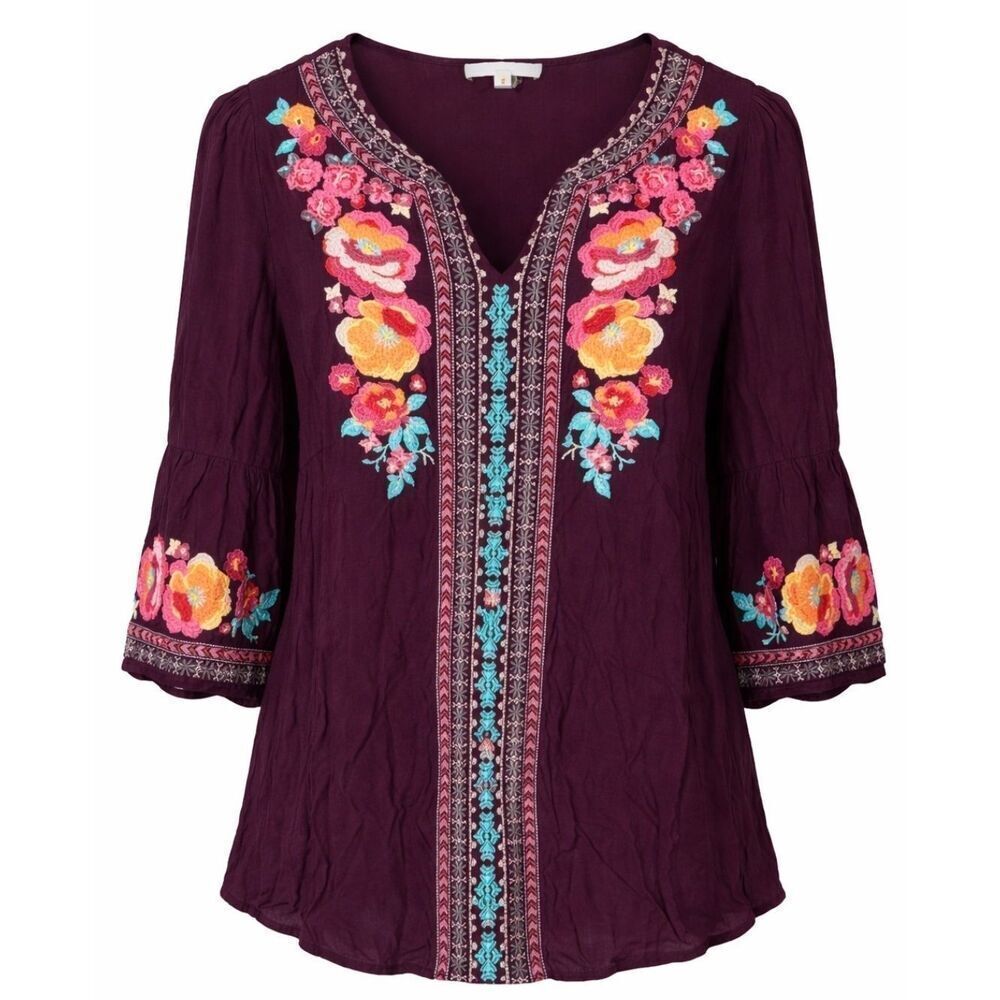 Andree by Unit Boho Peasant Blouse Womens Size S Floral Embroidered Notch Neck